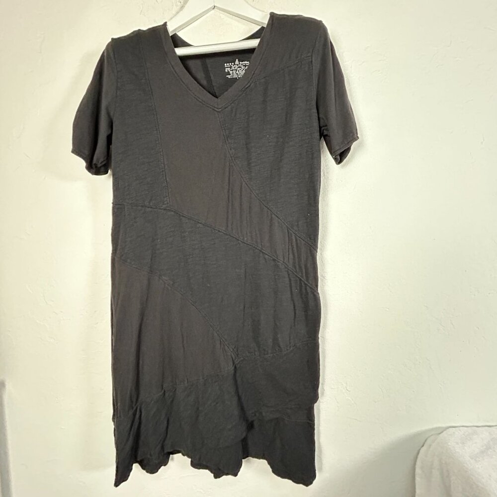 Neon Buddha V-Neck Short Sleeve Patchwork Black Asymmetric Tunic Dress Large